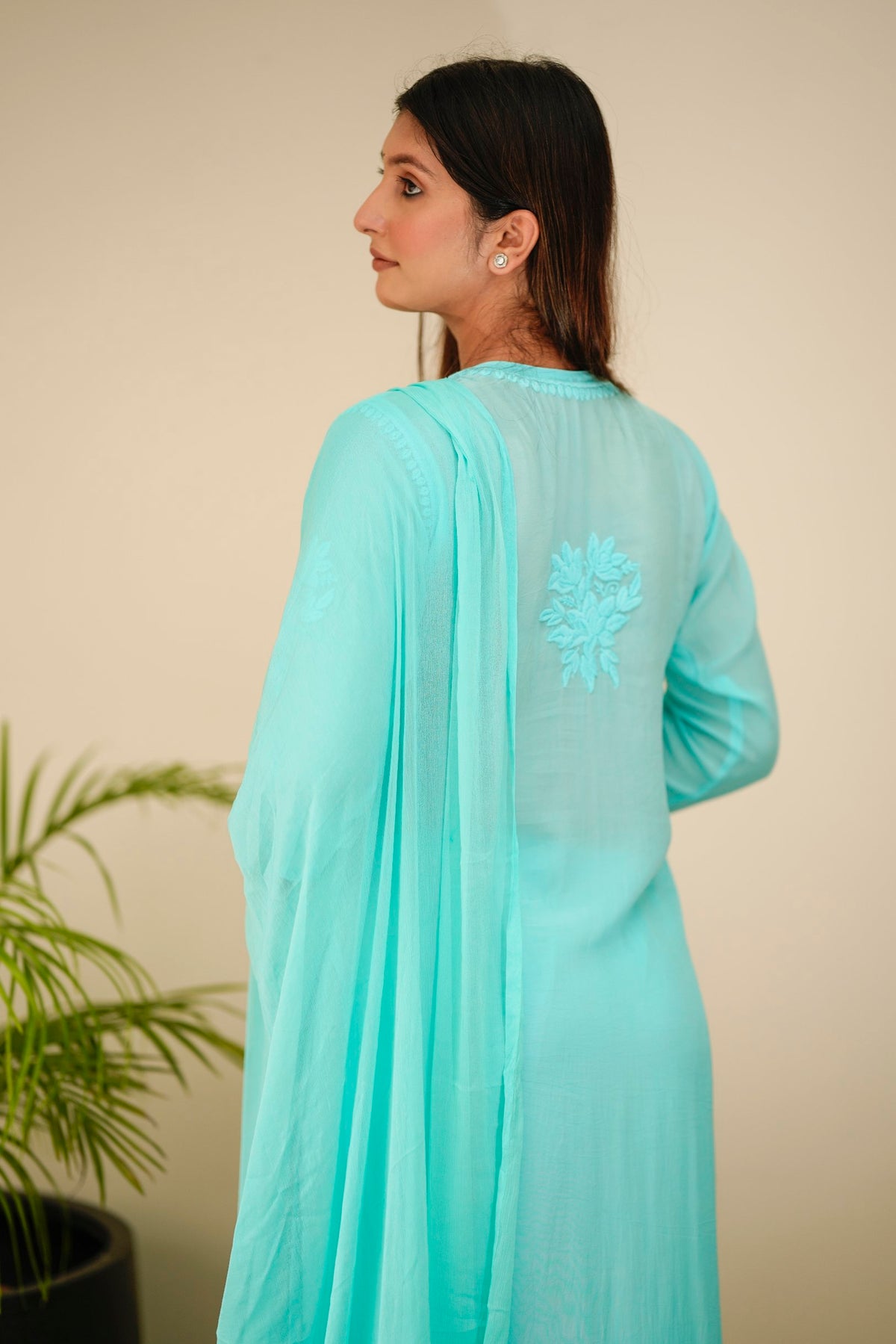 Luxurious LVW Fashion Chikankari Kurta Set with unique bottom design in premium silk and intricate embroidery, shown in XXS size.