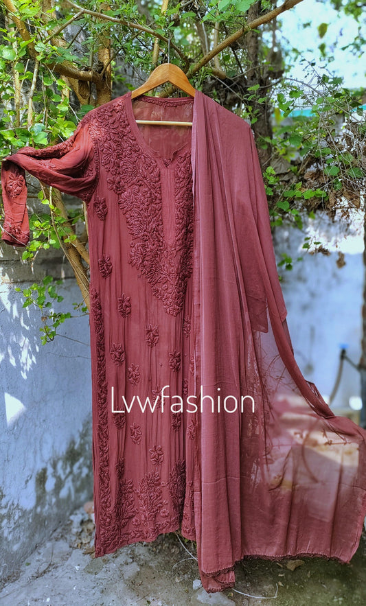 Hershey Kiss premium georgette long Chikankari kurta duptaa set with silk slip by LVW Fashion, showcasing intricate embroidery and elegant fabric