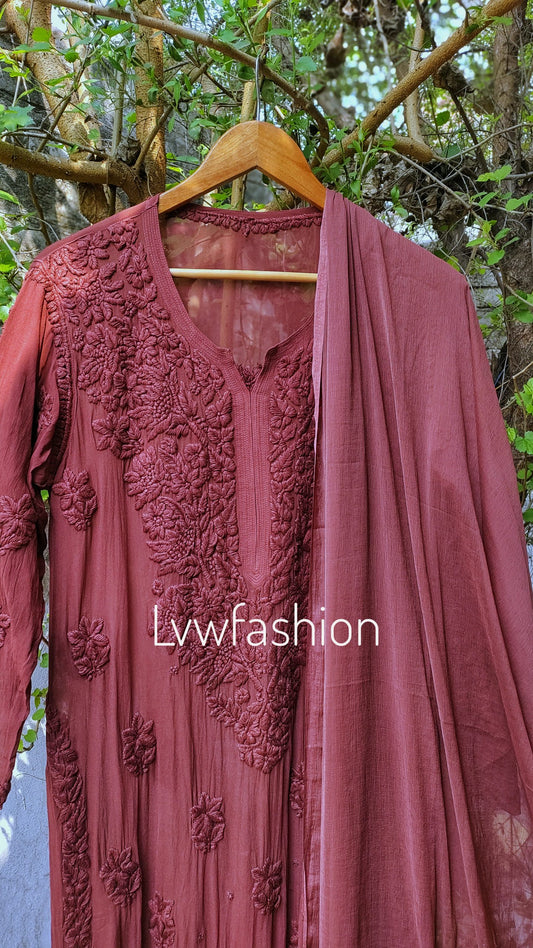 Hershey Kiss premium georgette long chikankari kurta duptaa set with silk slip, luxurious LVW Fashion Chikankari design.