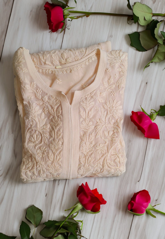 Ice Vanilla Shade premium handmade Chikankari kurta by LVW Fashion, showcasing intricate embroidery on pure fabric.