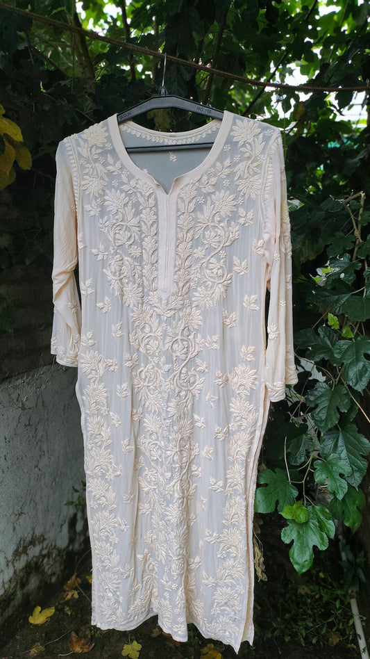Ice Vanilla Shade premium pure handmade Chikankari Kurta by LVW Fashion, showcasing intricate embroidery and elegant fabric.
