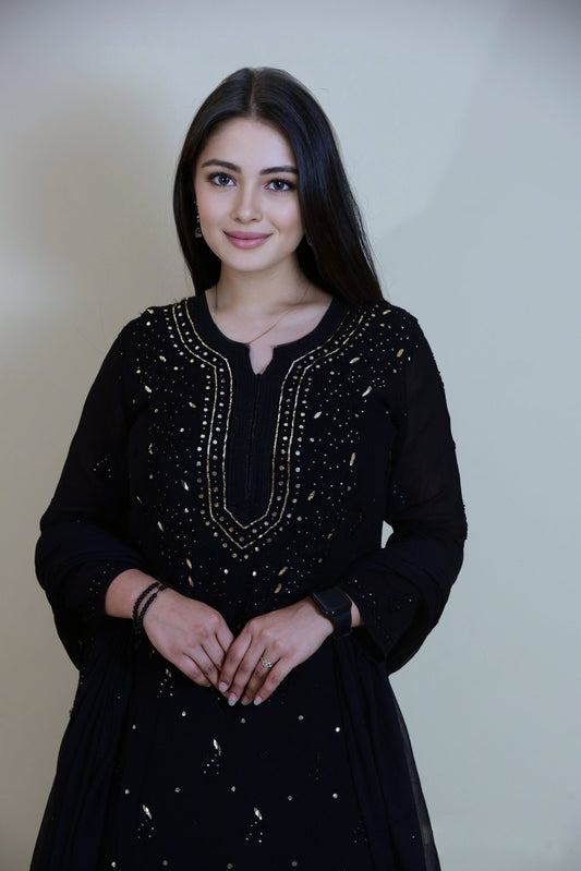 Black Georgette Kurta Set with intricate Chikankari embroidery from LVW Fashion, featuring a premium Kajal design.