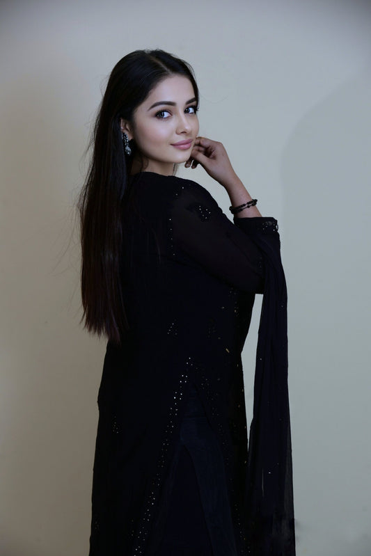 Black Georgette Kurta set with intricate white Chikankari embroidery by LVW Fashion, featuring a premium Kajal design.