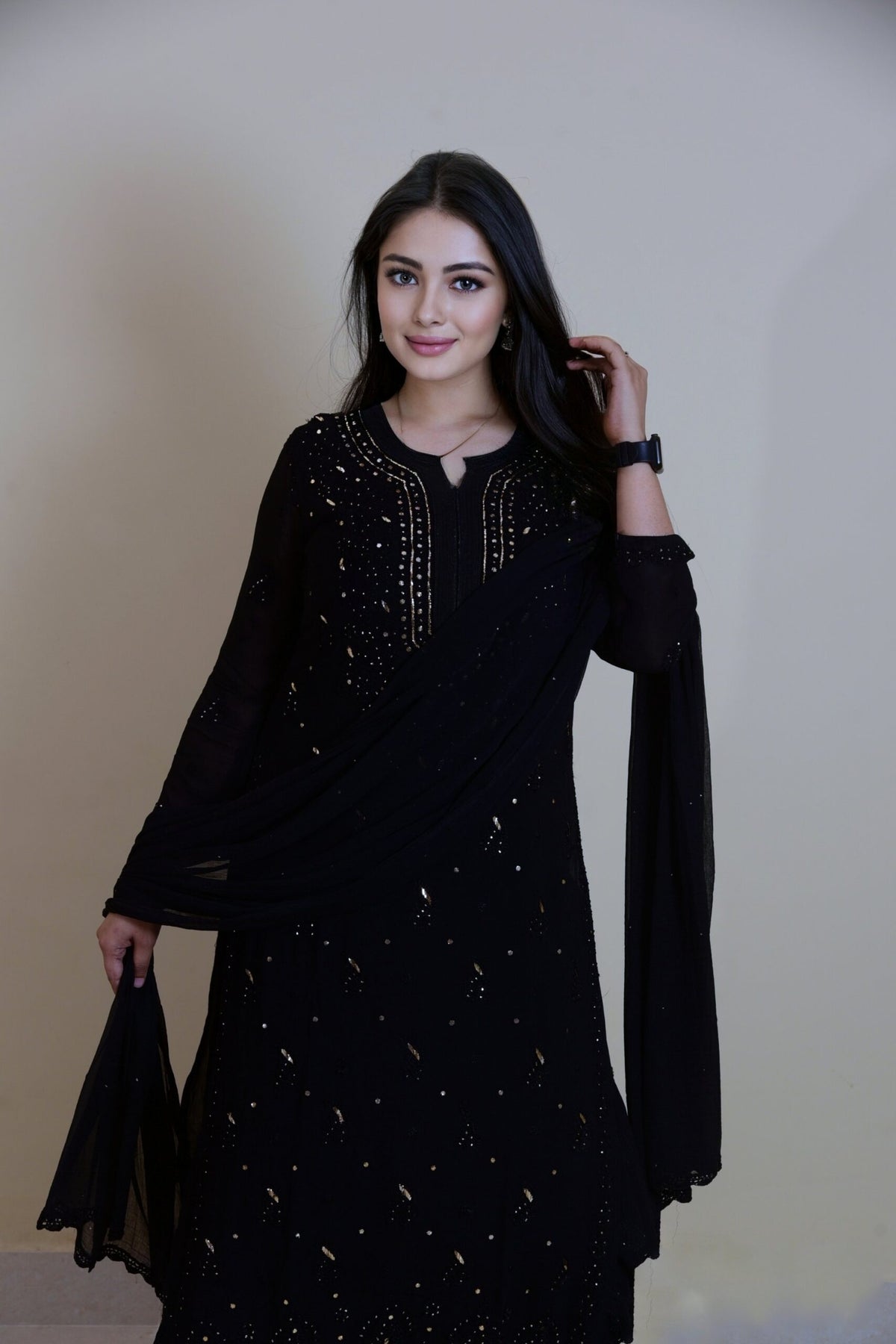 Black Georgette Kurta Set with intricate Chikankari embroidery by LVW Fashion, featuring a premium Kajal design.