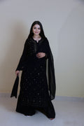 Black georgette Kurta set with intricate white chikankari embroidery, featuring a stylish design from LVW Fashion Luxurious Chikankari.
