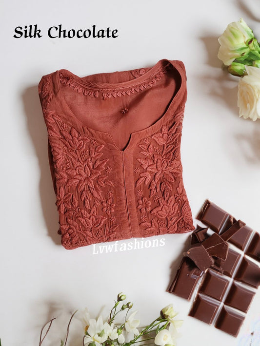 Mahira Silk Chocolate Premium Silk Chikankari Kurti with Inner by LVW Fashion, showcasing intricate embroidery and elegant design.