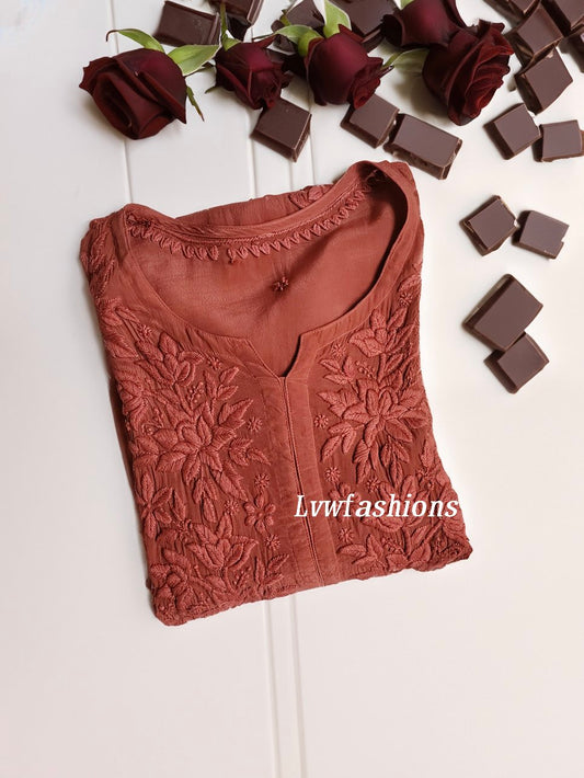 Mahira Silk Chocolate premium silk Chikankari kurti with inner, luxurious LVW Fashion Chikankari Kurta in natural fabric and intricate embroidery.