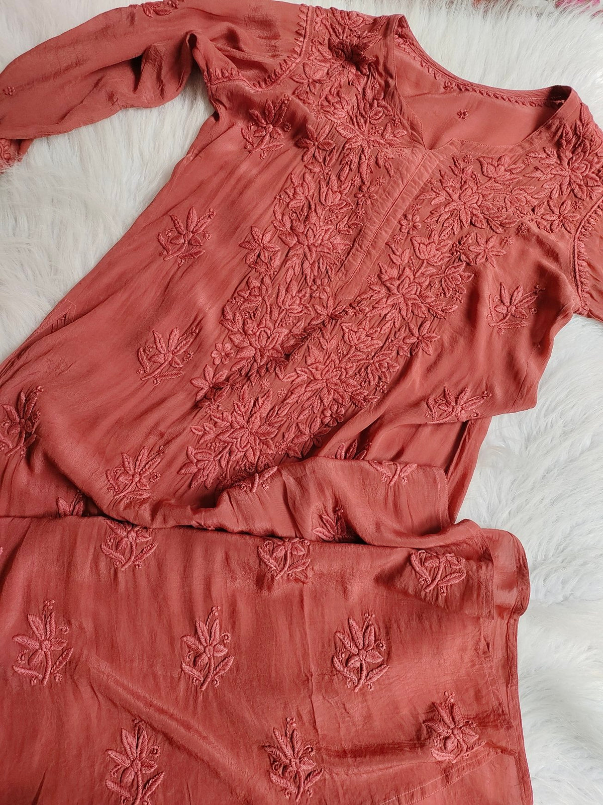 Mahira Silk Chocolate Premium Silk Chikankari Kurti with Inner, traditional LVW Fashion luxurious Chikankari embroidery, short-sleeve design