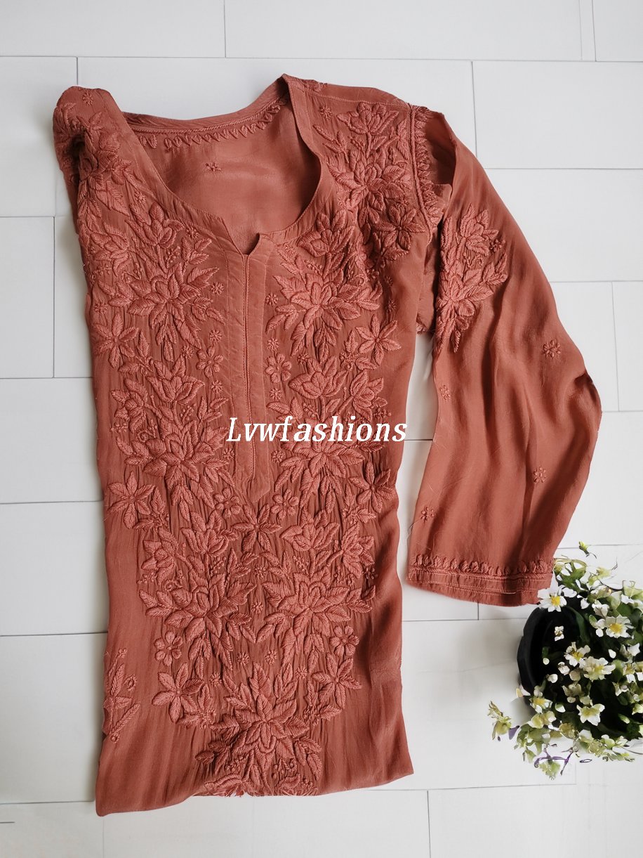 Mahira Silk Chocolate Chikankari Kurti by LVW Fashion with inner, showcasing intricate embroidery on premium silk fabric.