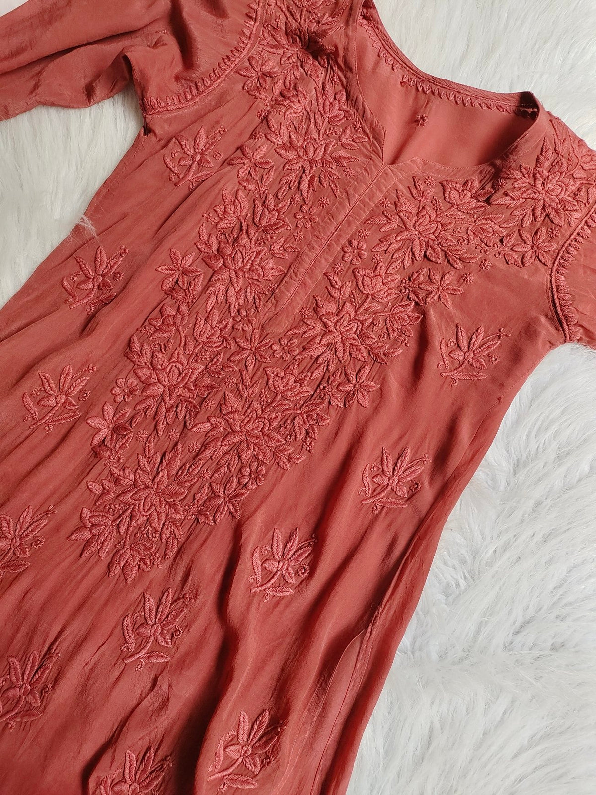 Mahira Silk Chocolate Premium Silk Chikankari Kurti with Inner, by LVW Fashion Luxurious Chikankari, showcasing intricate embroidery and silk fabric.