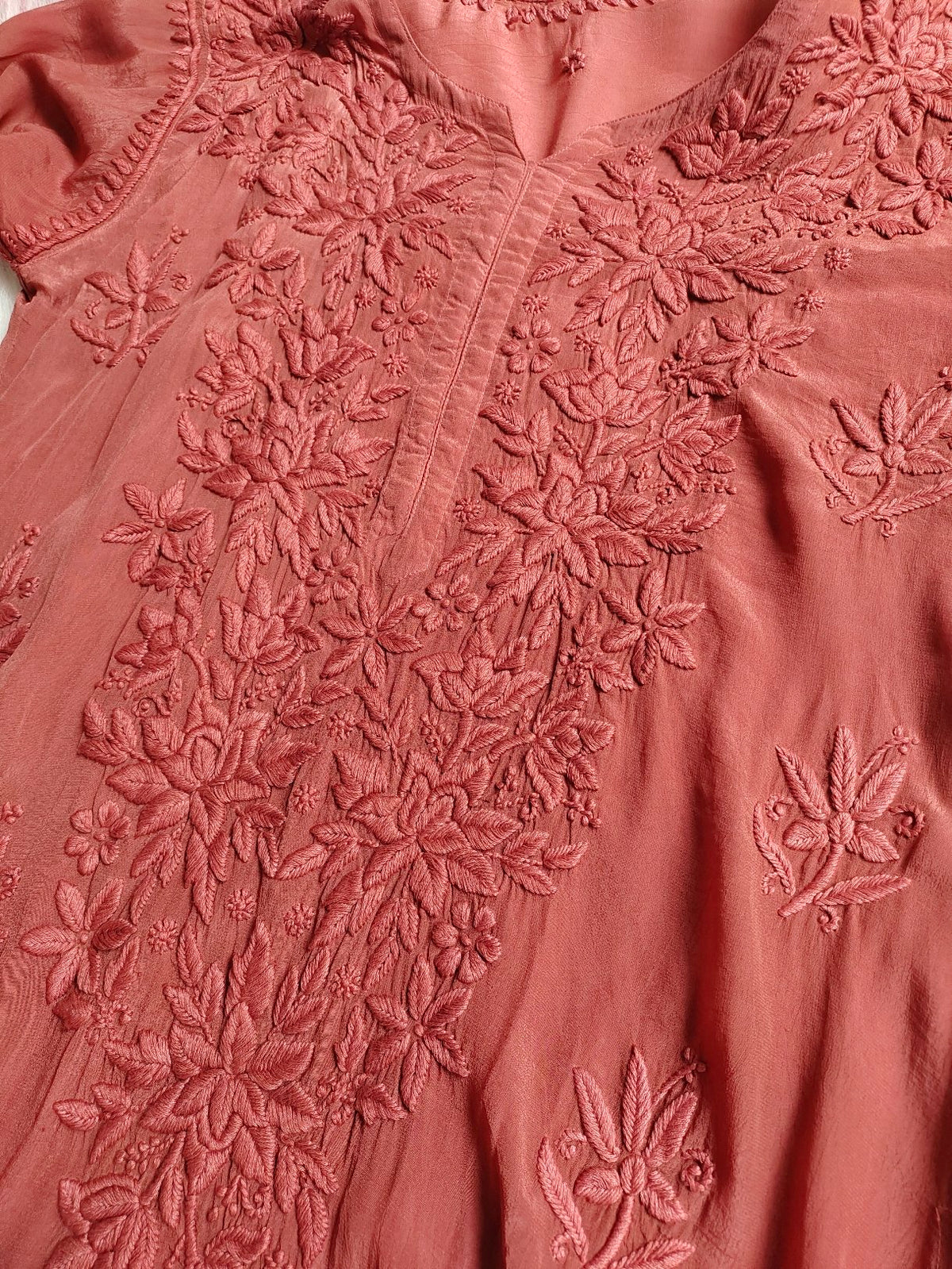 Mahira Silk Chocolate Premium Silk Chikankari Kurti with Inner by LVW Fashion, showcasing intricate embroidery and luxurious fabric.