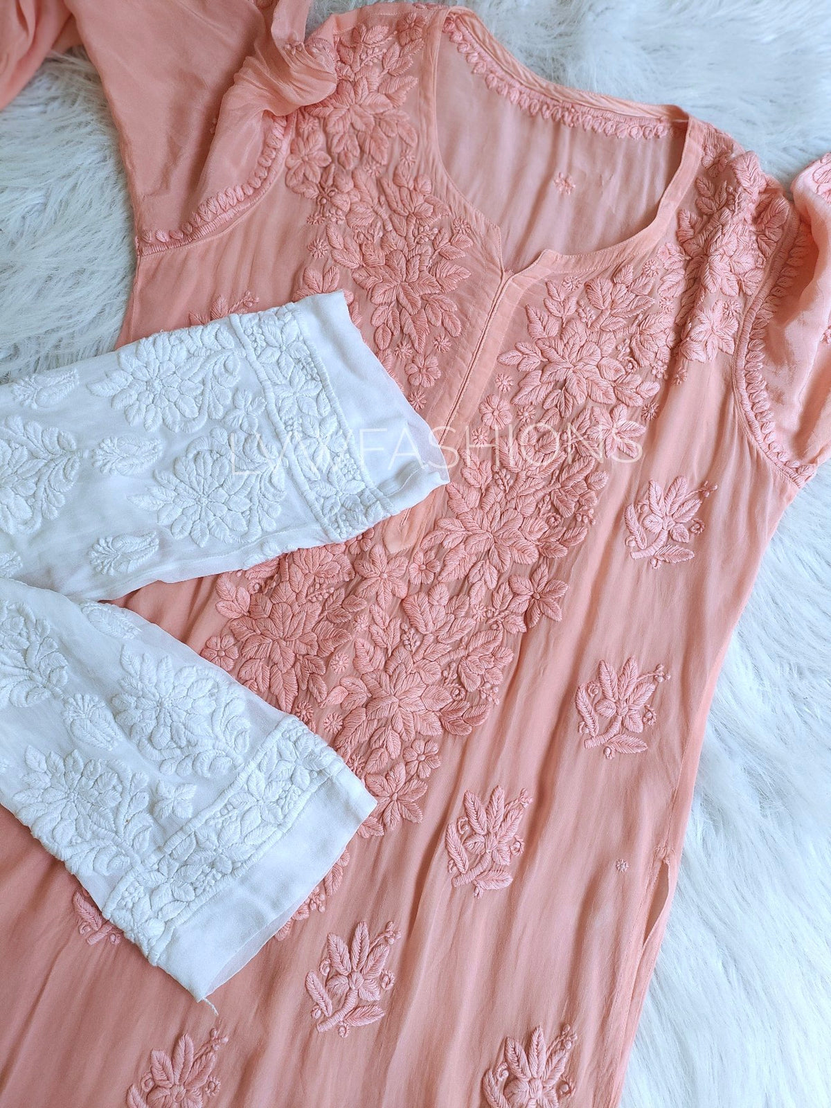 Luxurious Mahira Silk Chikankari Kurta Set by LVW Fashion featuring intricate classic embroidery on elegant silk fabric.