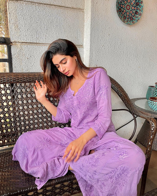 LVW Fashion tropical embroidery kurta with lightweight co-ord plazzos set, expressive chikankari design and intricate detailing.