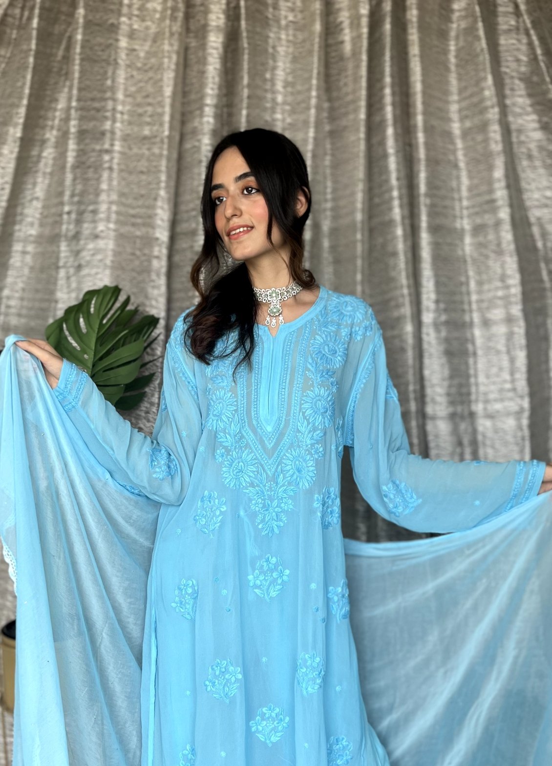 LVW Fashion Luxurious Chikankari Eid Edit Georgette Sharara Set with intricate embroidery and matching kurta in a vibrant design.
