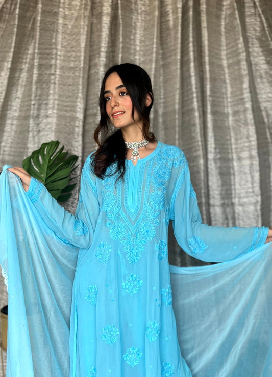 LVW Fashion Luxurious Chikankari Eid Edit Georgette Sharara Set with intricate embroidery and matching kurta in a vibrant design.
