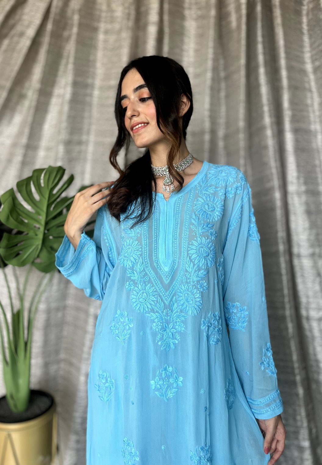 Luxurious LVW Fashion Motihar Eid Edit Georgette Sharara Set with intricate Chikankari embroidery, featuring kurta and matching sharara.