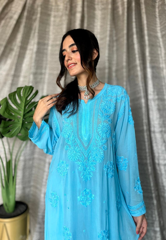 Luxurious LVW Fashion Motihar Eid Edit Georgette Sharara Set with intricate Chikankari embroidery, featuring kurta and matching sharara.