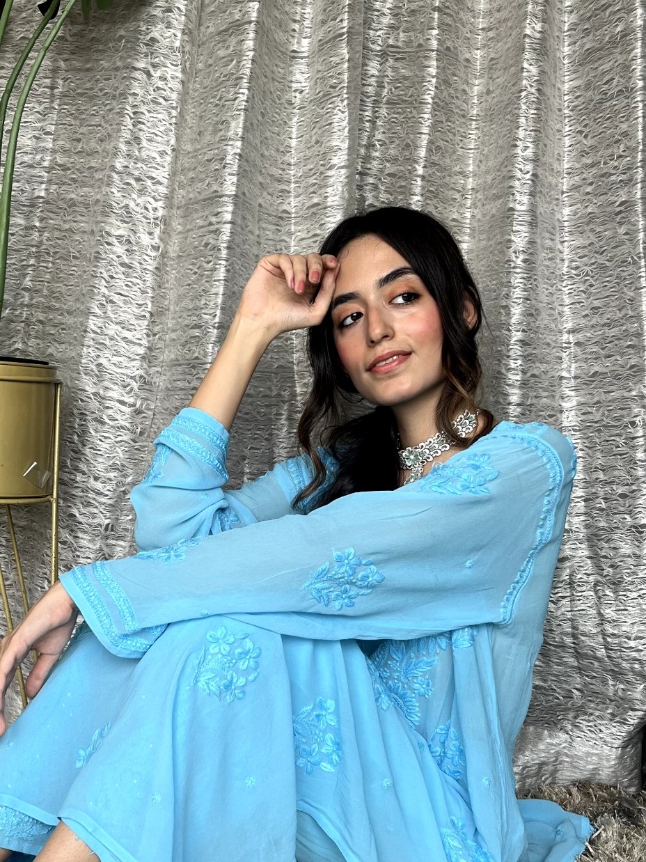 Luxurious LVW Fashion Motihar Eid Edit Georgette Sharara Set with Chikankari embroidery, featuring a kurta and matching sharara.