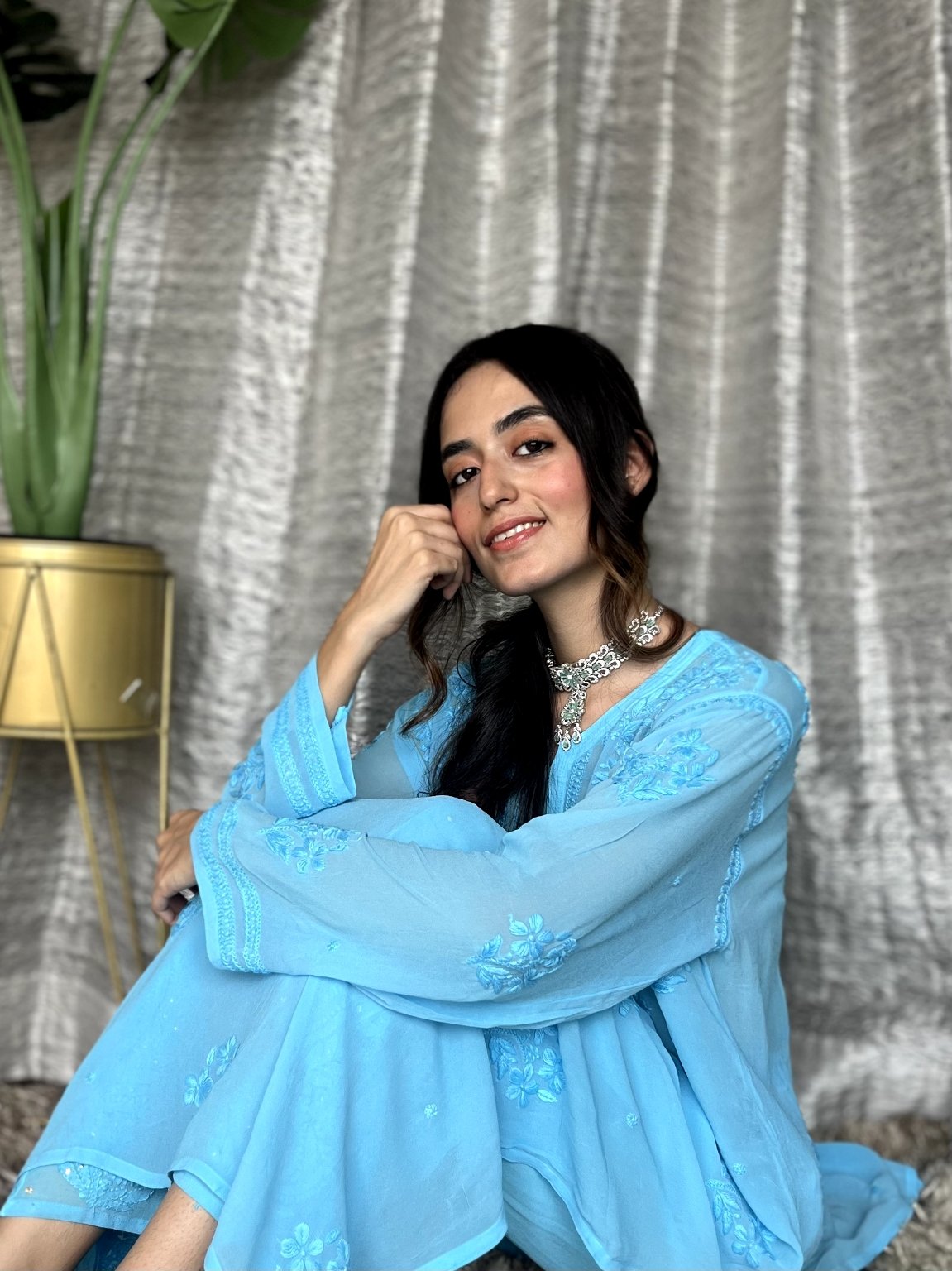 Luxury LVW Fashion Motihar Eid Georgette Sharara Set with intricate chikankari embroidery, includes kurta and matching sharara.