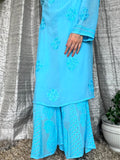 LVW Fashion Motihar Eid Edit premium georgette sharara set with intricate chikankari embroidery, featuring a matching kurta and sharara.