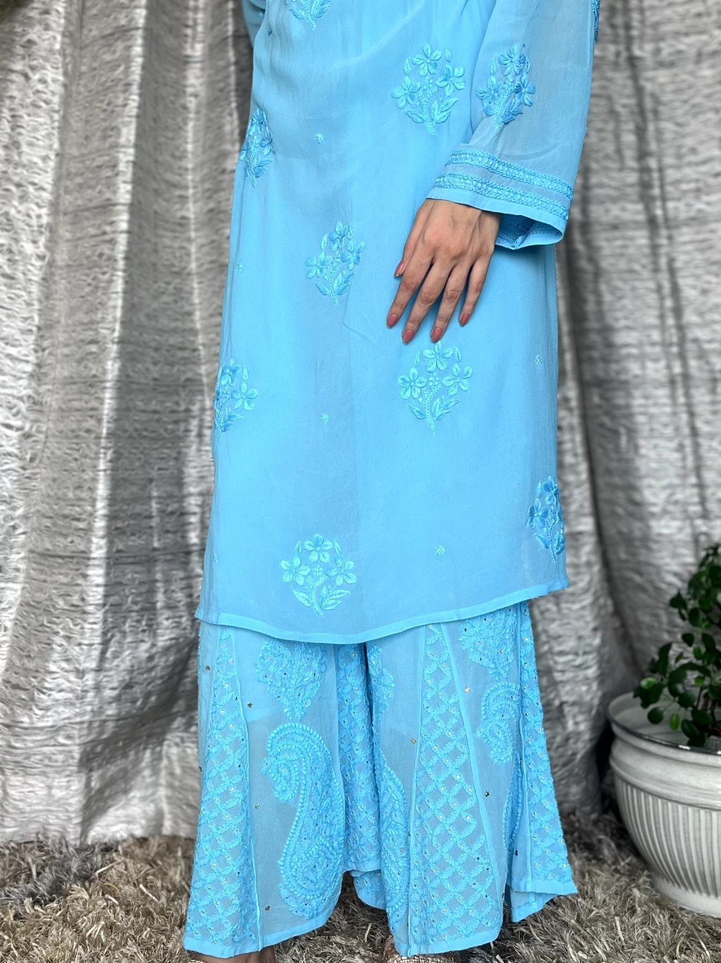 LVW Fashion Motihar Eid Edit premium georgette sharara set with intricate chikankari embroidery, featuring a matching kurta and sharara.
