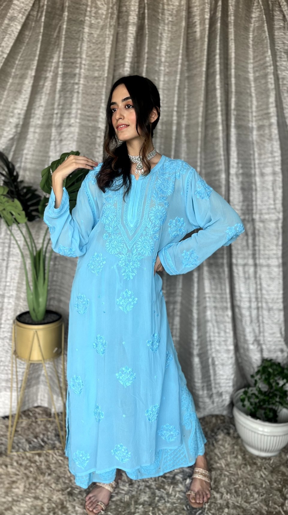 LVW Fashion Luxurious Chikankari Motihar Eid Edit premium georgette sharara set with intricate embroidery, featuring a kurta and matching sharara.