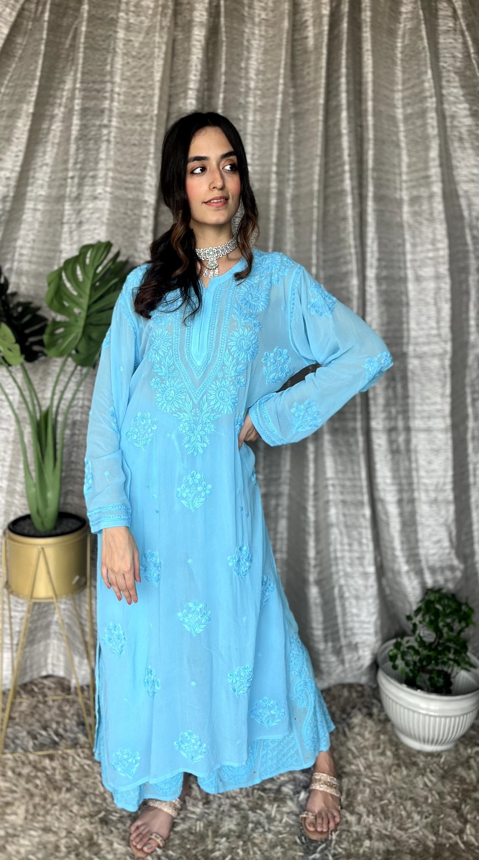 LVW Fashion Motihar Eid Edit premium georgette sharara set with intricate chikankari embroidery, featuring a kurta and matching sharara.