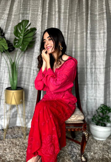 LVW Fashion Eid Edit rose embroidery georgette sharara set with luxurious chikankari, featuring a kurta and matching dupatta.
