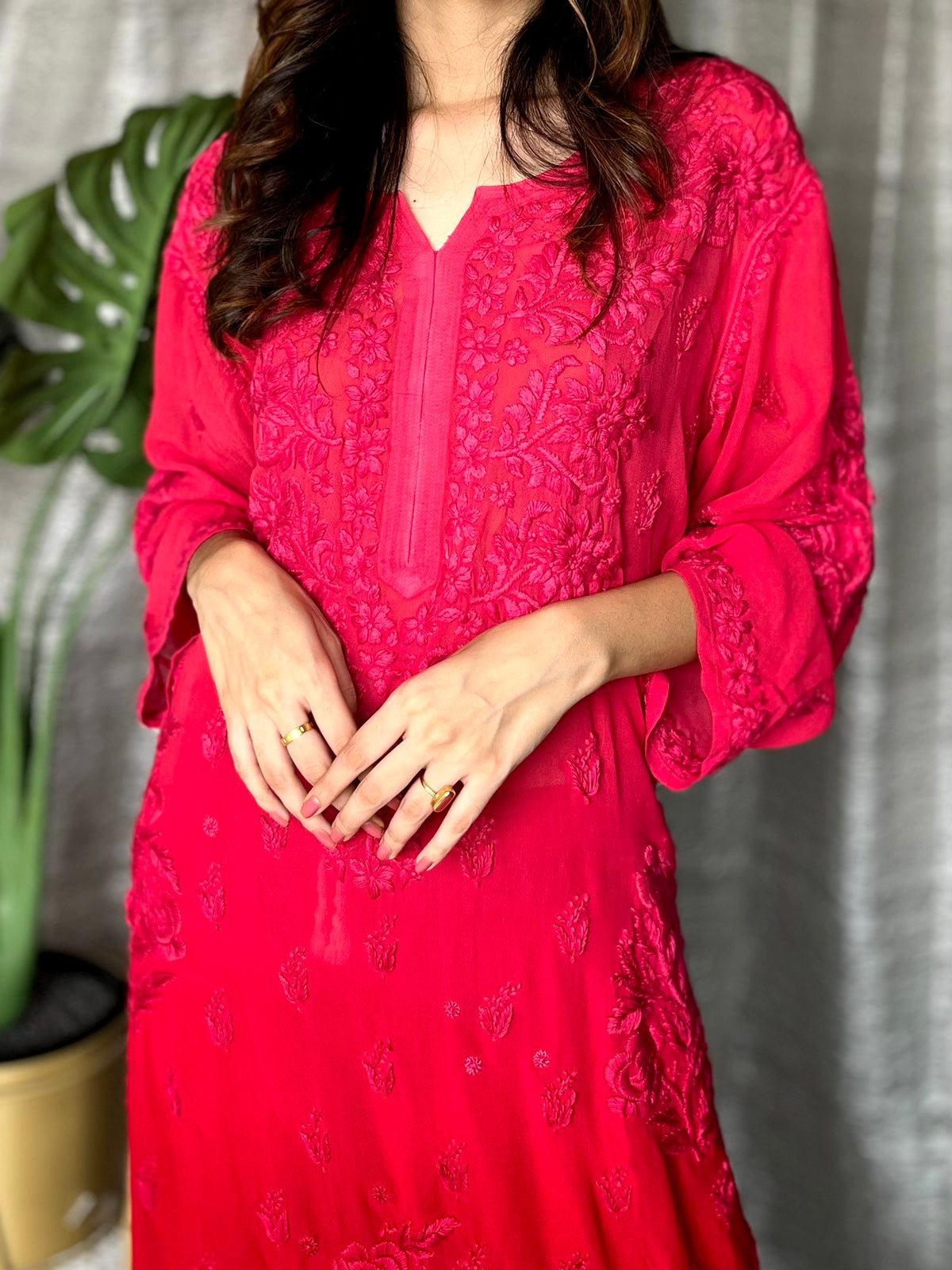 Elegant rose embroidery on a premium georgette sharara set by LVW Fashion, featuring intricate chikankari details.