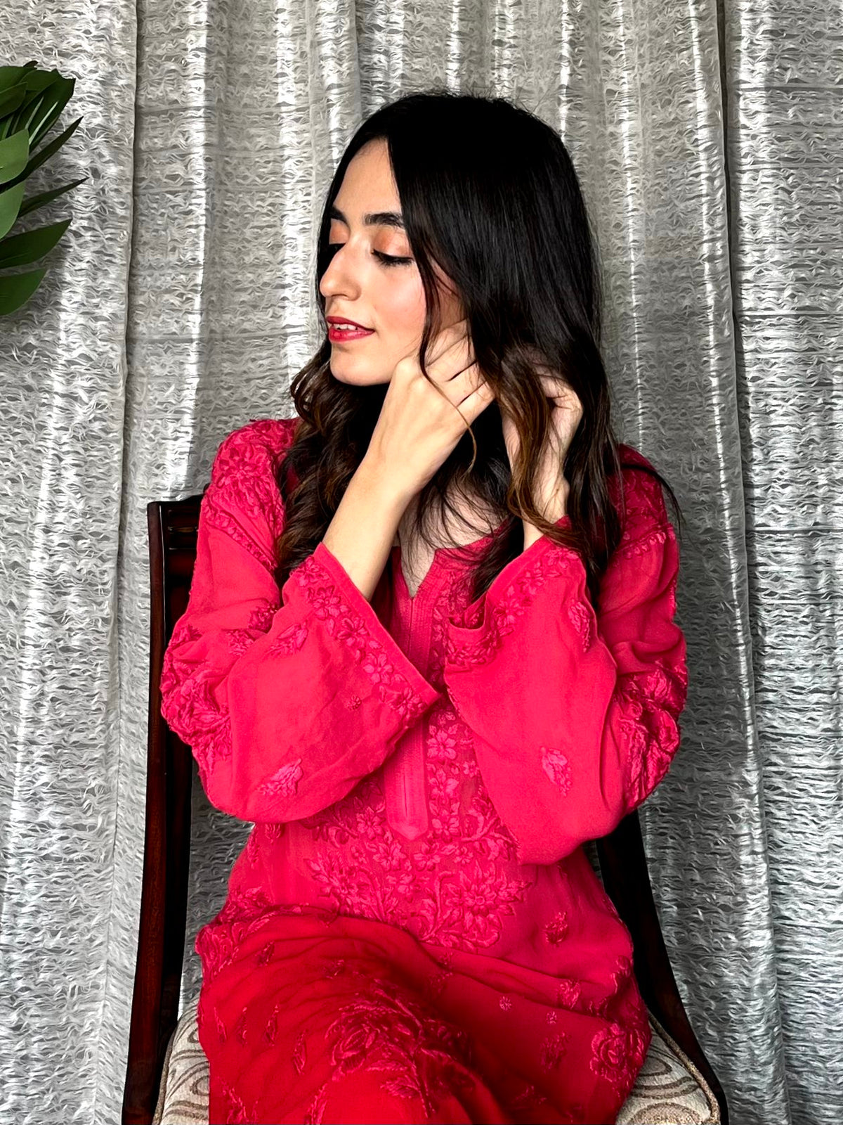 Luxurious rose embroidery on georgette sharara set by LVW Fashion, featuring intricate chikankari work and elegant design.
