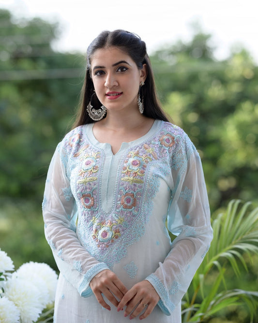 LVW Fashion luxurious Chikankari kurta set featuring Parsi embroidery with delicate Chikankari touch, ideal for elegant traditional wear.