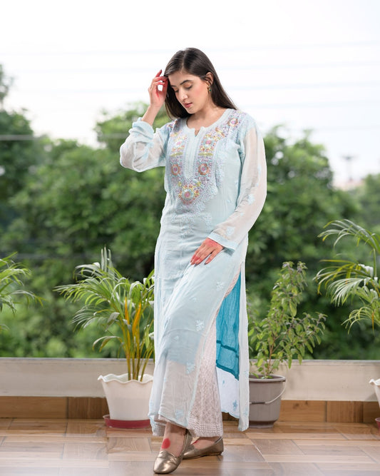 Luxurious Chikankari and Parsi embroidery Kurta Set by LVW Fashion, featuring intricate embroidery on lightweight fabric.
