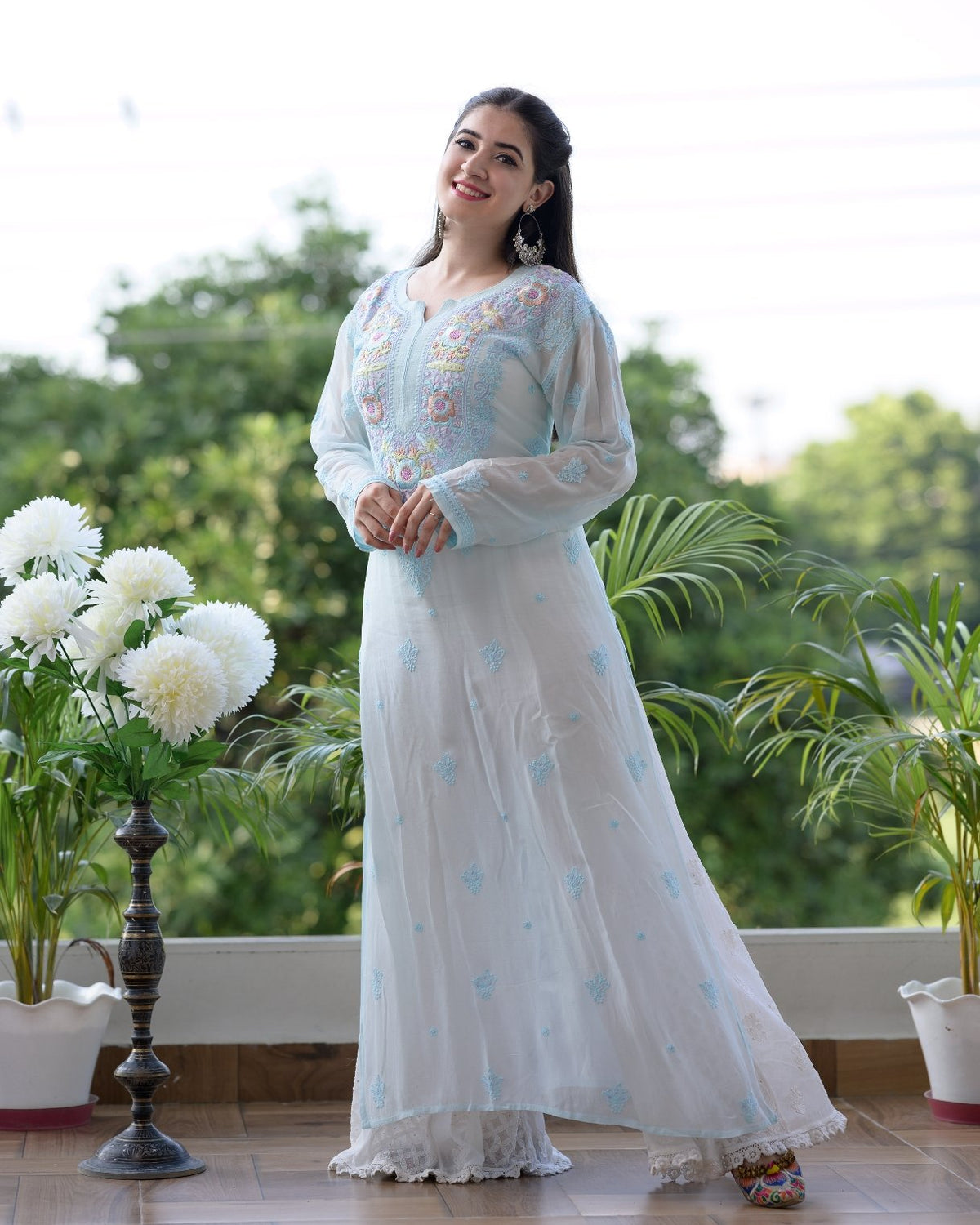 LVW Fashion luxurious Chikankari kurta set with Parsi embroidery and intricate chikankari details, featuring a traditional design.