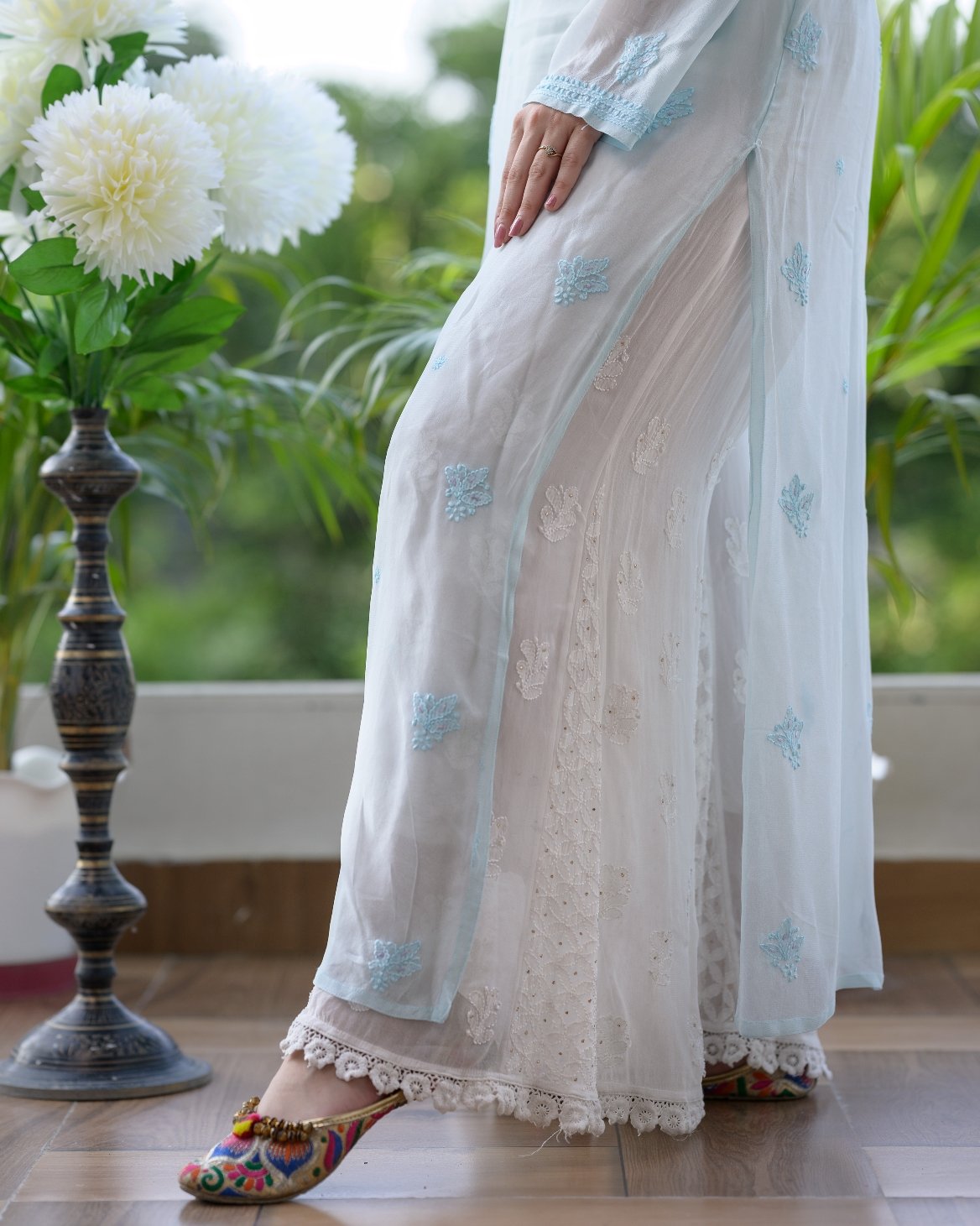 Luxurious LVW Fashion Parsi Embroidery Kurta Set with Chikankari touch, showcasing intricate embroidery and traditional design.