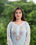 Elegant Parsi embroidery kurta set by LVW Fashion with intricate Chikankari touch, featuring detailed embroidery and traditional design.