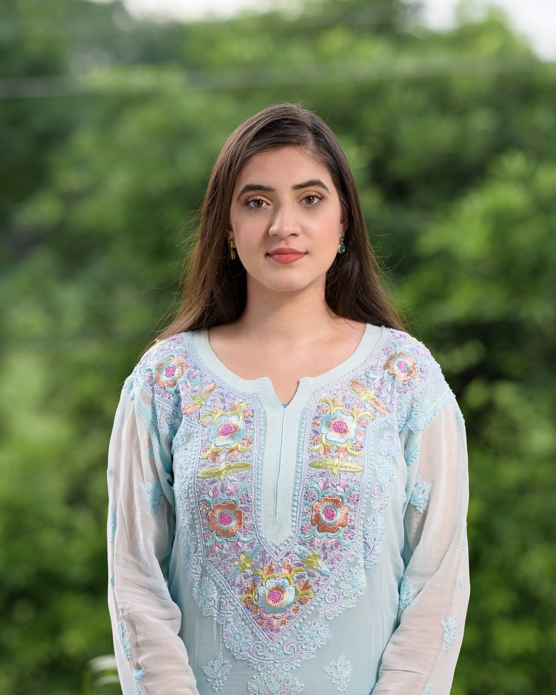 Elegant Parsi embroidery kurta set by LVW Fashion with intricate Chikankari touch, featuring detailed embroidery and traditional design.