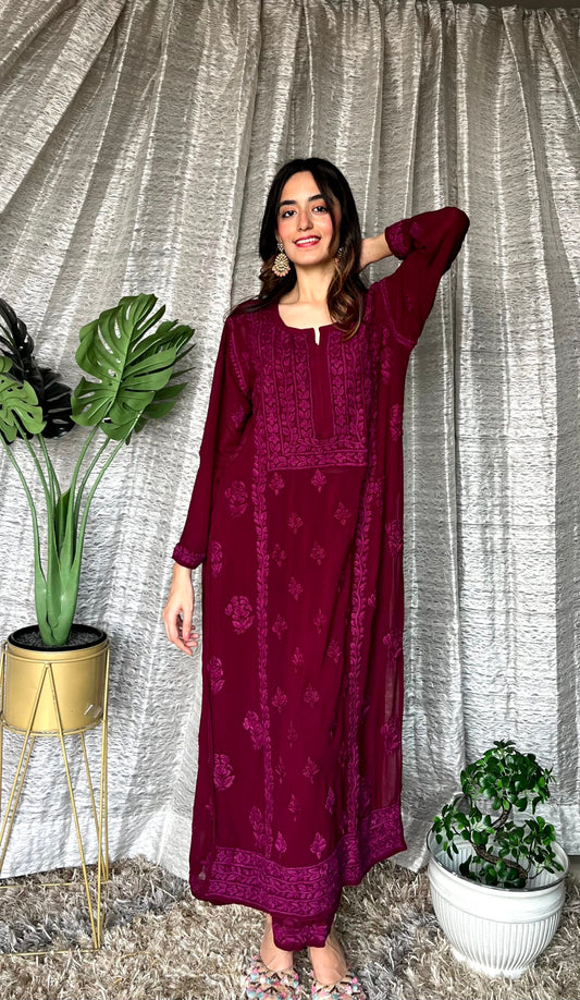 Deep Tyrian purple Georgette 3-piece set by LVW Fashion with Kurta, Pazeb, and dupatta, featuring luxurious Chikankari embroidery.