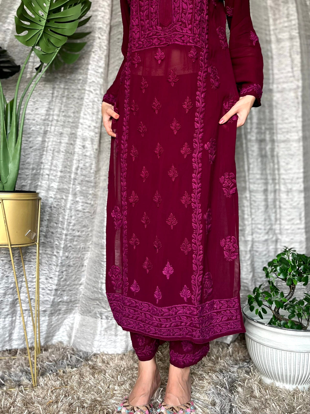 Deep Tyrian purple georgette 3-piece set with intricate chikankari by LVW Fashion, featuring kurta, pazeb, and matching accessories.