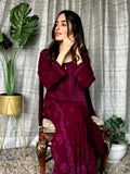 Deep Tyrian purple georgette 3-piece set with Pazeb and kurta by LVW Fashion Luxurious Chikankari, showcasing intricate embroidery.