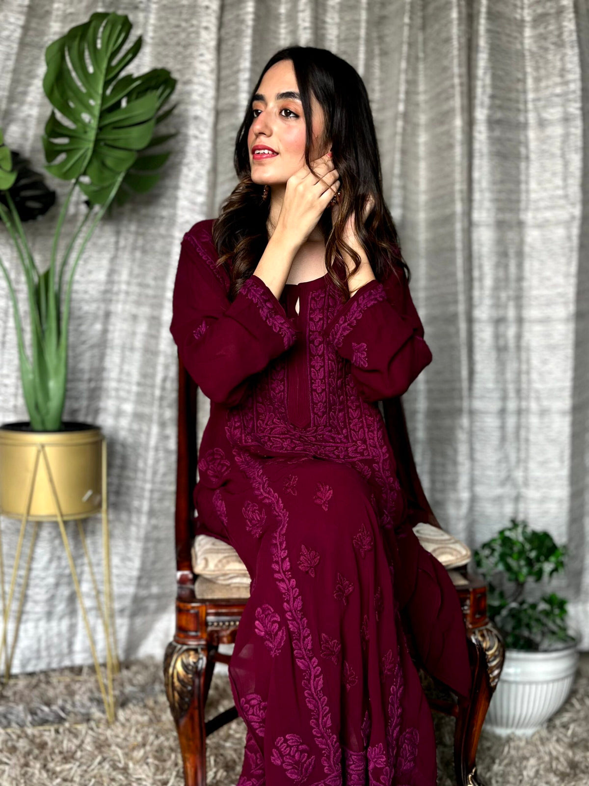 Deep Tyrian purple georgette 3-piece set with Pazeb and kurta by LVW Fashion Luxurious Chikankari, showcasing intricate embroidery.