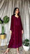Deep Tyrian Purple Georgette 3-piece set with kurta and Pazeb from LVW Fashion, featuring luxurious Chikankari embroidery.