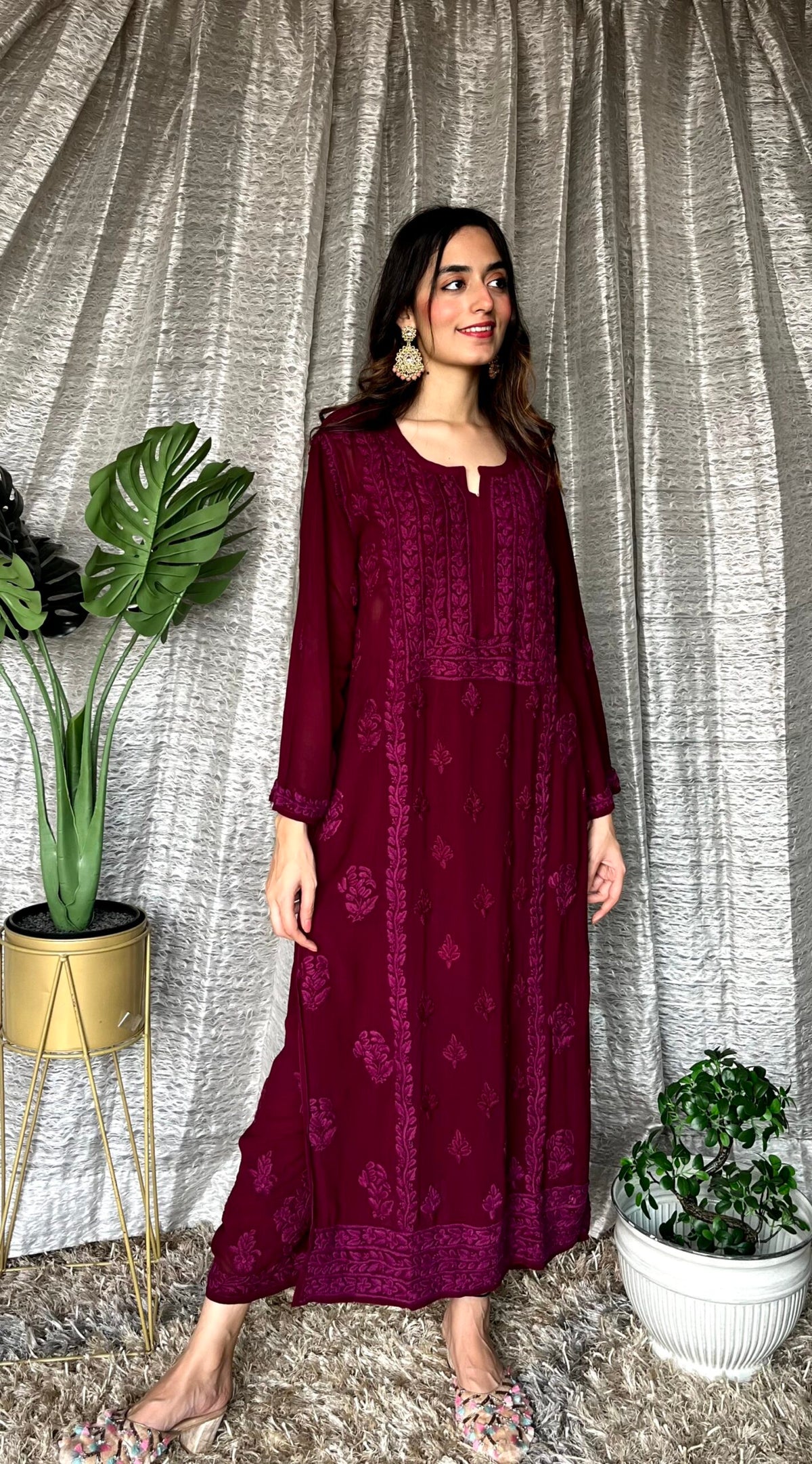 Deep Tyrian Purple Georgette 3-piece set with kurta and Pazeb from LVW Fashion, featuring luxurious Chikankari embroidery.