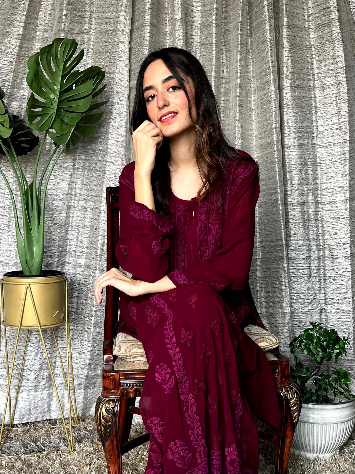 Deep Tyrian purple georgette 3-piece set with kurta and pazeb from LVW Fashion Luxurious Chikankari, intricate embroidery.
