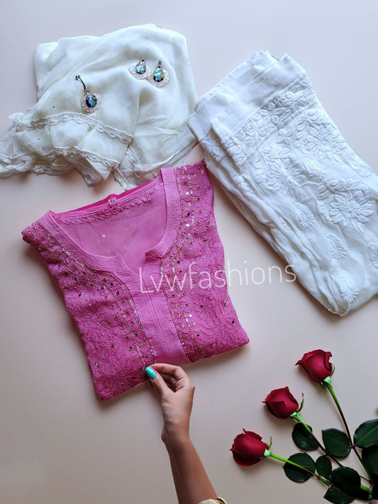 Pink and white Chikankari Kurti and Pant set by LVW Fashion, featuring intricate embroidery and traditional ethnic style.