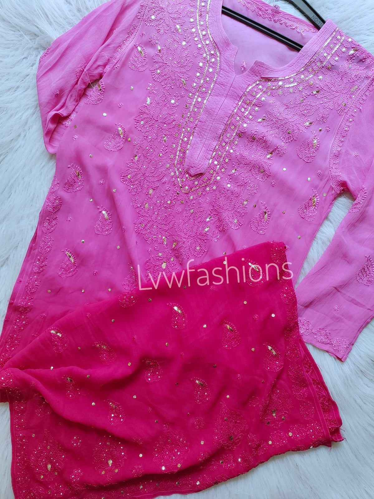 Pink and white Chikankari Kurti and pant set by LVW Fashion, featuring intricate embroidery and traditional style.