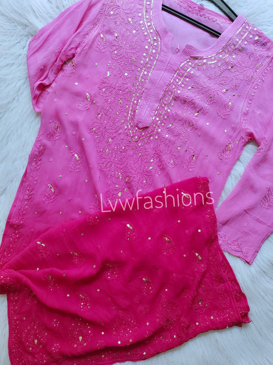 Pink and white Chikankari Kurti and pant set by LVW Fashion, featuring intricate embroidery and traditional style.