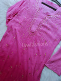 Pink and white Chikankari Kurti and pant set by LVW Fashion, featuring intricate embroidered design and traditional style.