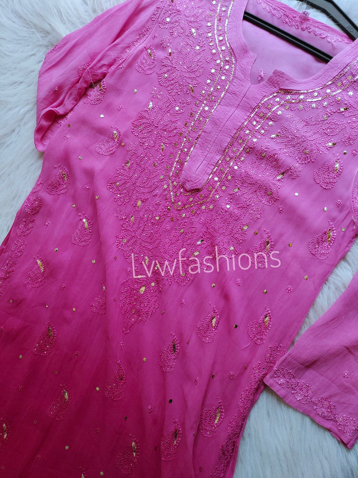 Pink and white Chikankari Kurti and pant set by LVW Fashion, featuring intricate embroidered design and traditional style.