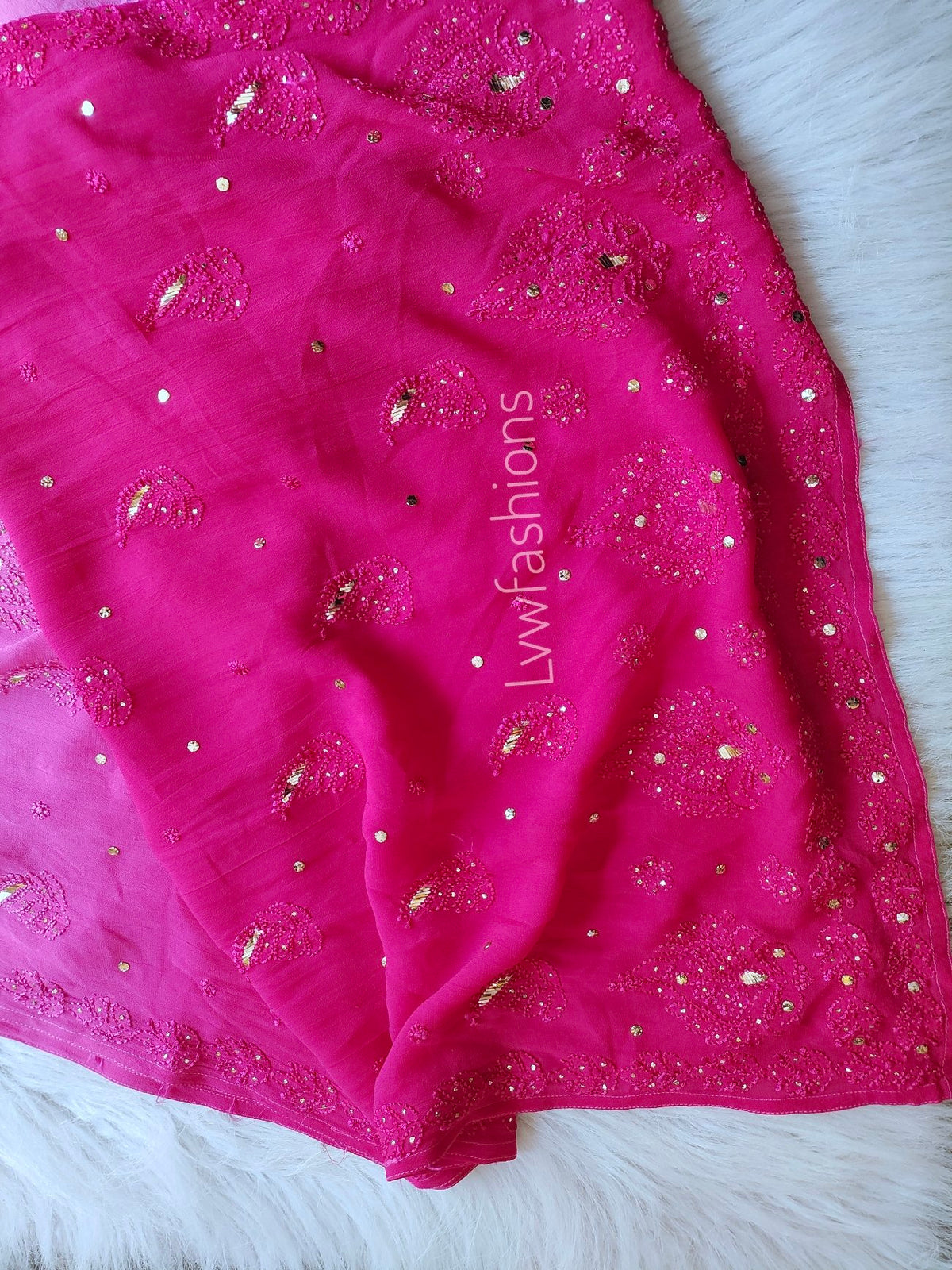 Pink and white Chikankari Kurti and pant set by LVW Fashion, featuring intricate embroidery and traditional design.