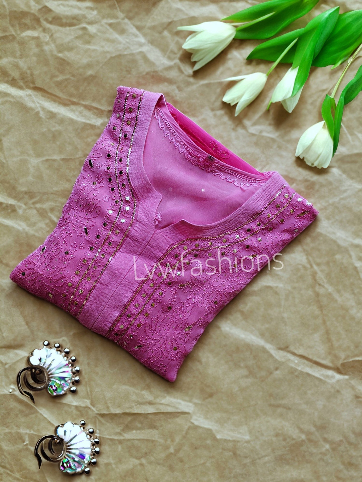 Pink and white Chikankari Kurti and pant set by LVW Fashion, featuring intricate embroidery and traditional design.